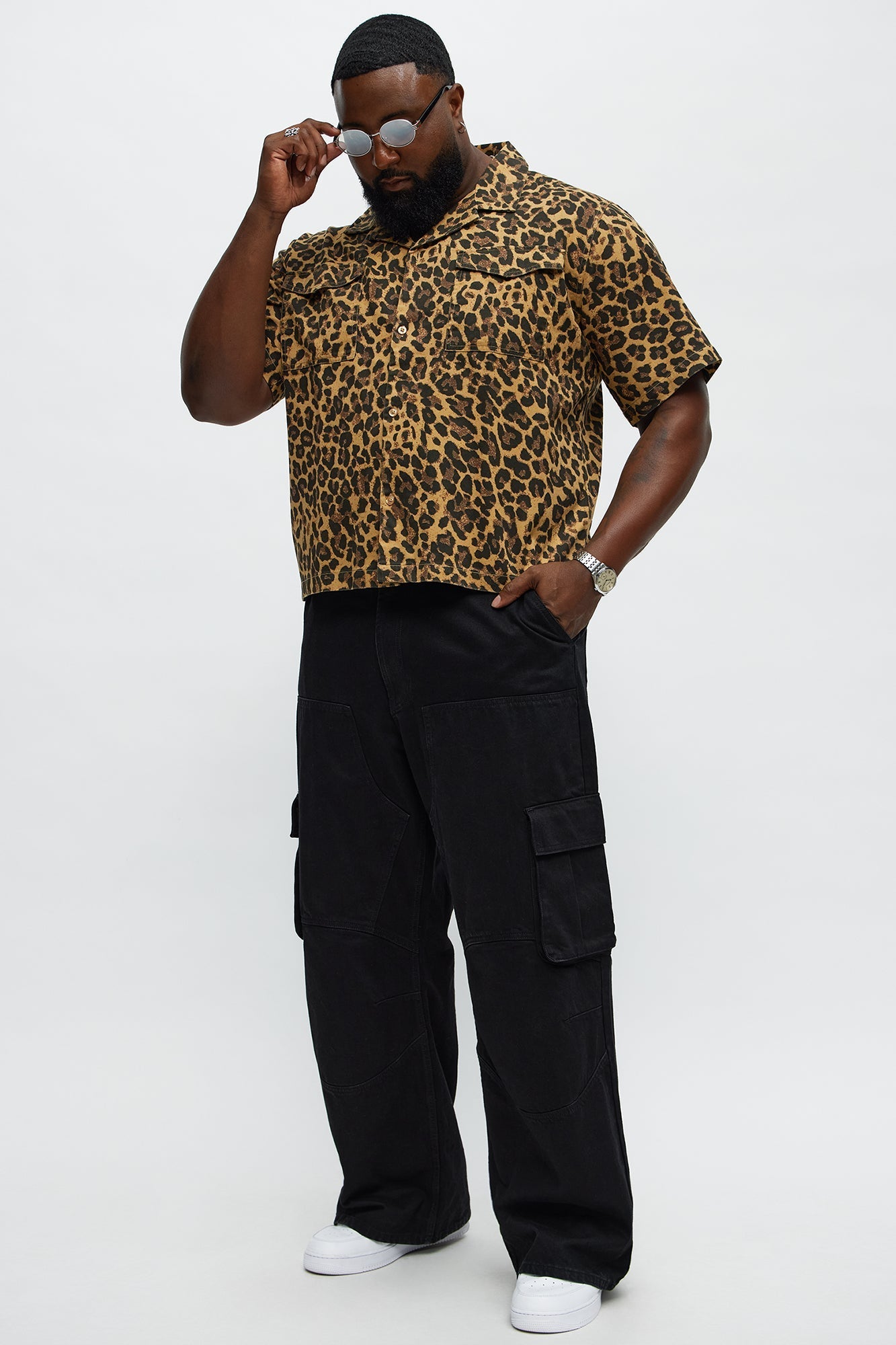 Cuban Collar Cheetah Print Button UpShirt - Tan/Multi
