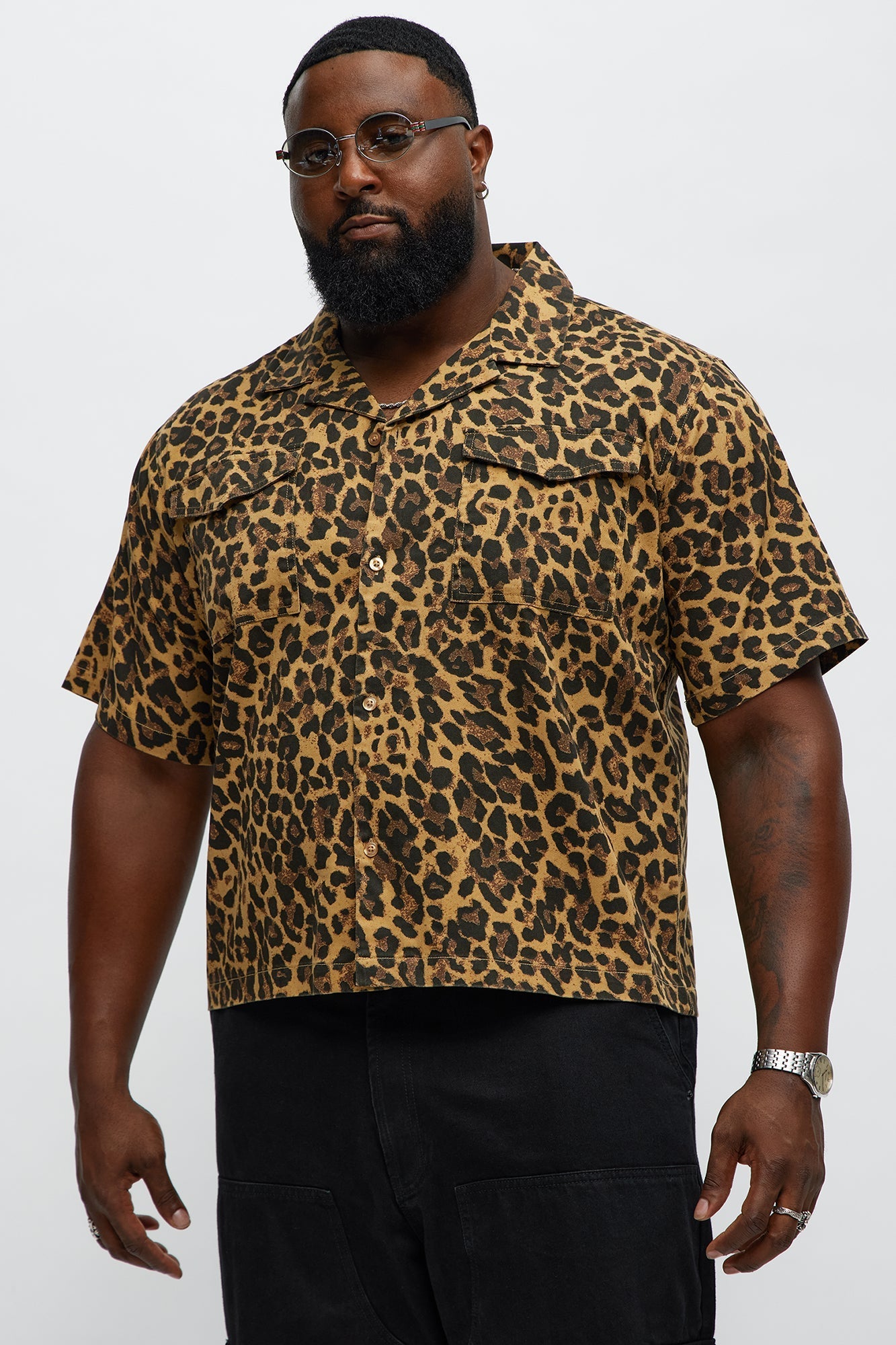 Cuban Collar Cheetah Print Button UpShirt - Tan/Multi