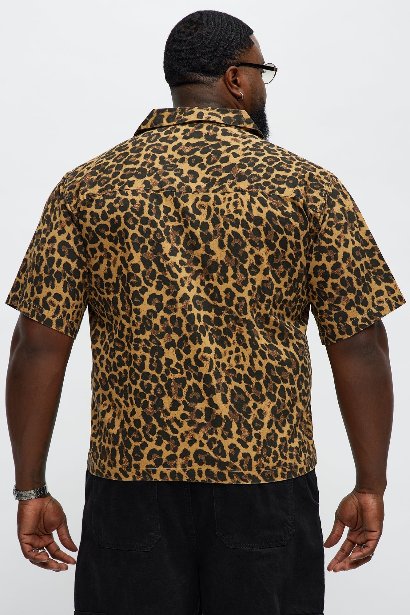 Cuban Collar Cheetah Print Button UpShirt - Tan/Multi