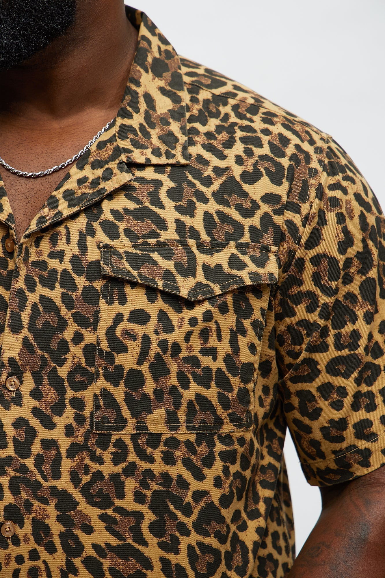 Cuban Collar Cheetah Print Button UpShirt - Tan/Multi