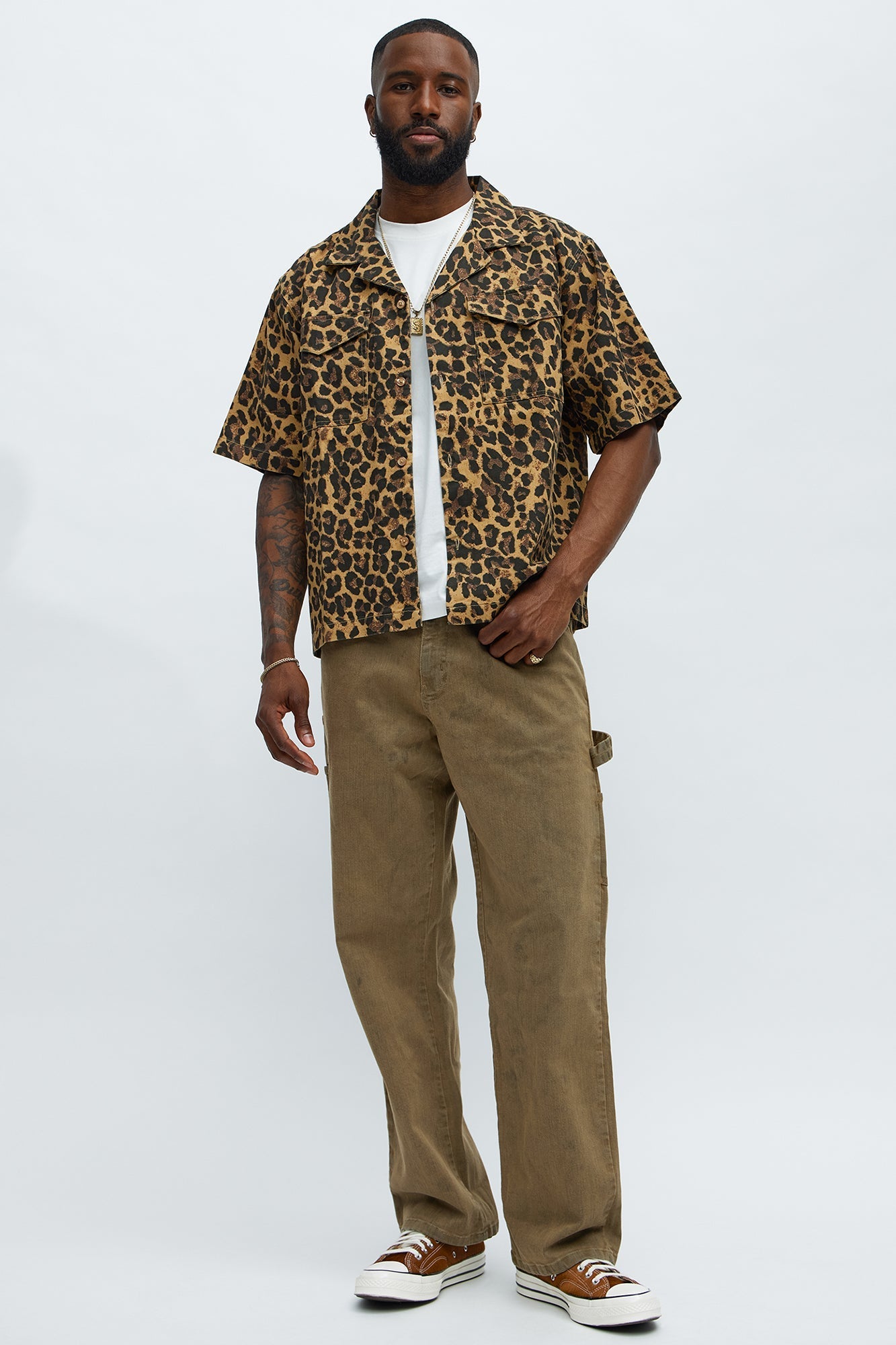 Cuban Collar Cheetah Print Button UpShirt - Tan/Multi
