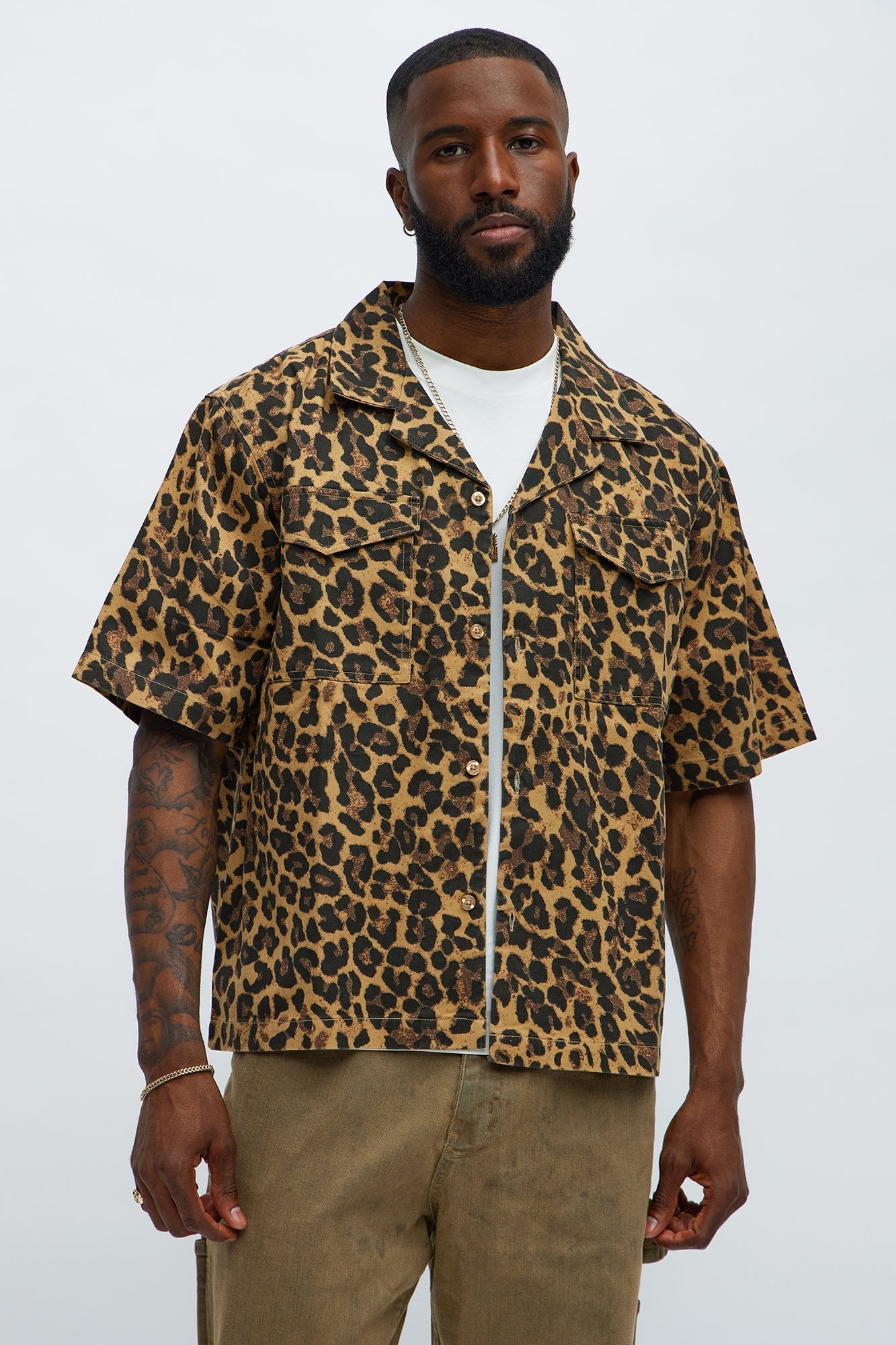Cuban Collar Cheetah Print Button UpShirt - Tan/Multi