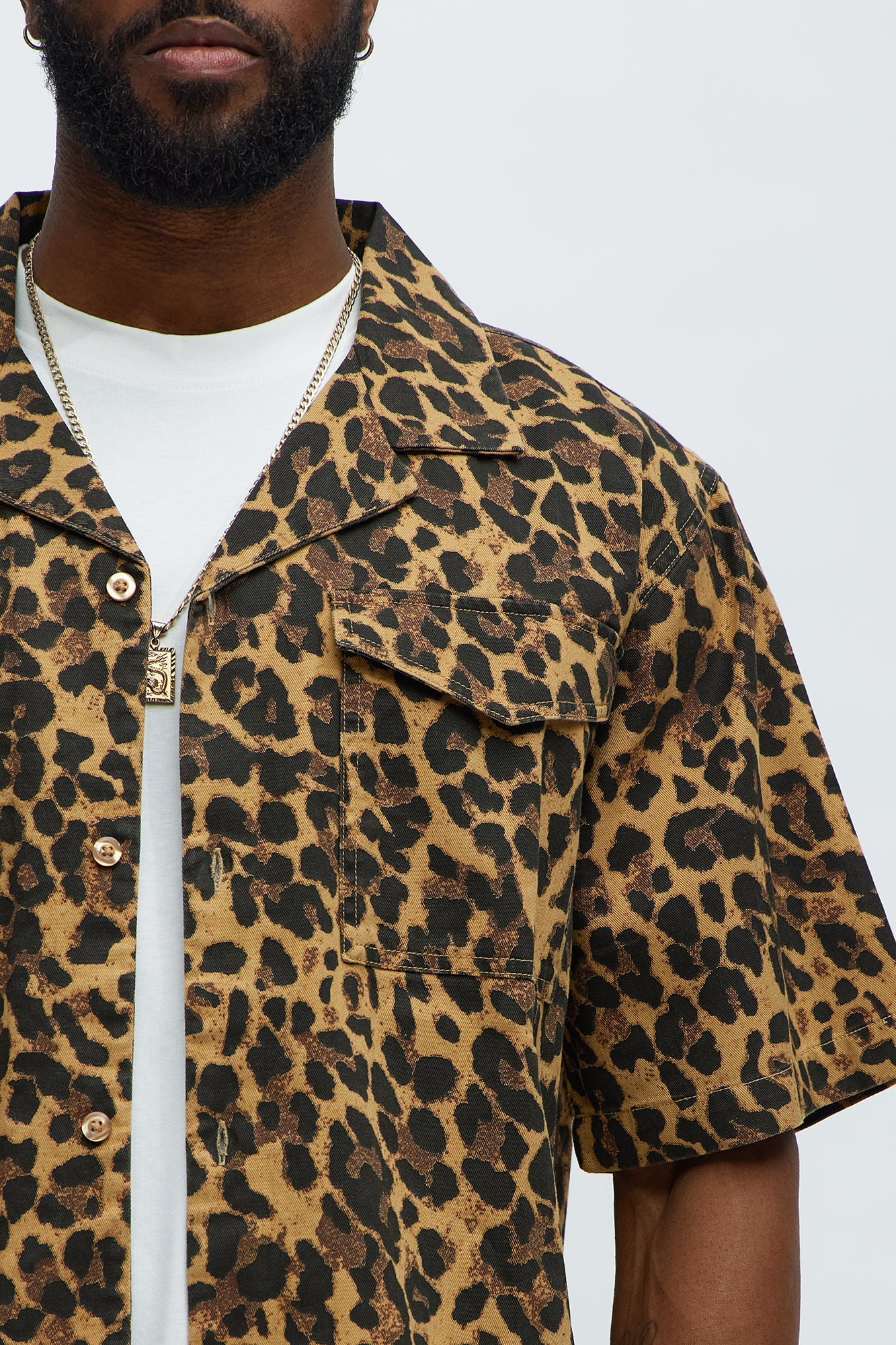 Cuban Collar Cheetah Print Button UpShirt - Tan/Multi