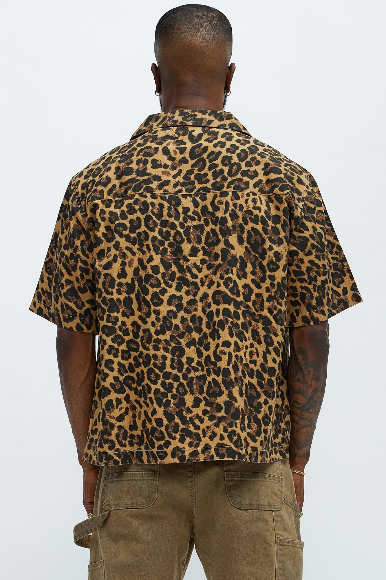 Cuban Collar Cheetah Print Button UpShirt - Tan/Multi